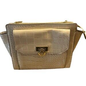 Anne Klein Beige Faux-Croc-Embossed Shoulder Bag Gold-Tone Chain Strap Hardware